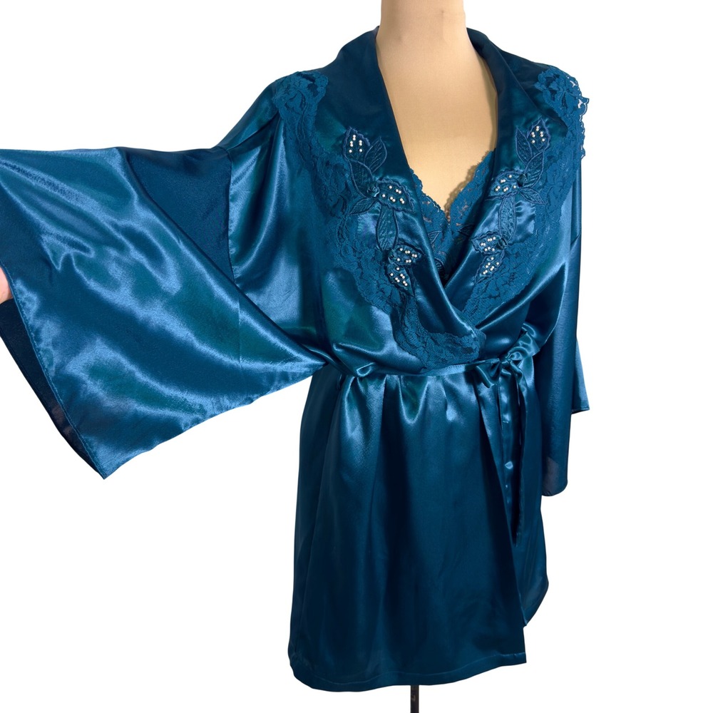 Vtg 80s Val Mode Lingerie Set Large Robe Chemise Teal‎ Satin Lace Old Hollywood
